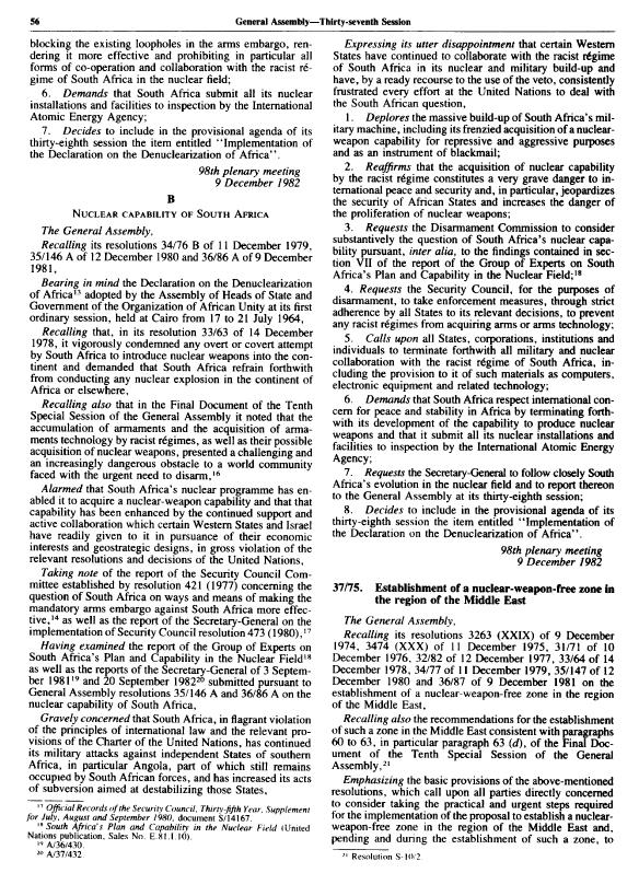 UN General Assembly Resolution 37/75 on the "Establishment of a nuclearweaponfree zone in the